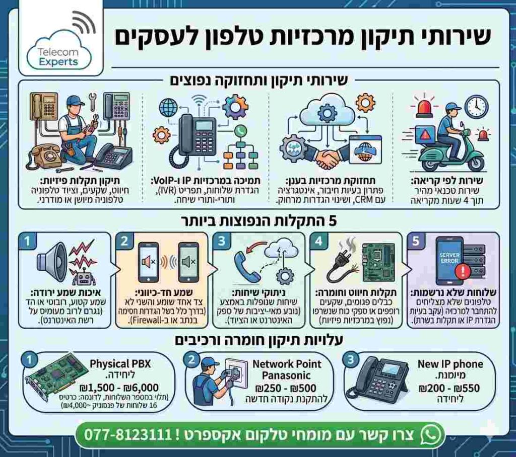אינפוגרפיקה המתארת שירותי תיקון נפוצים למרכזיות טלפון לעסקים