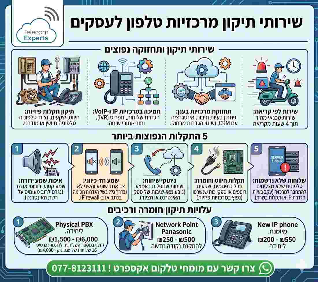 אינפוגרפיקה המתארת שירותי תיקון נפוצים למרכזיות טלפון לעסקים