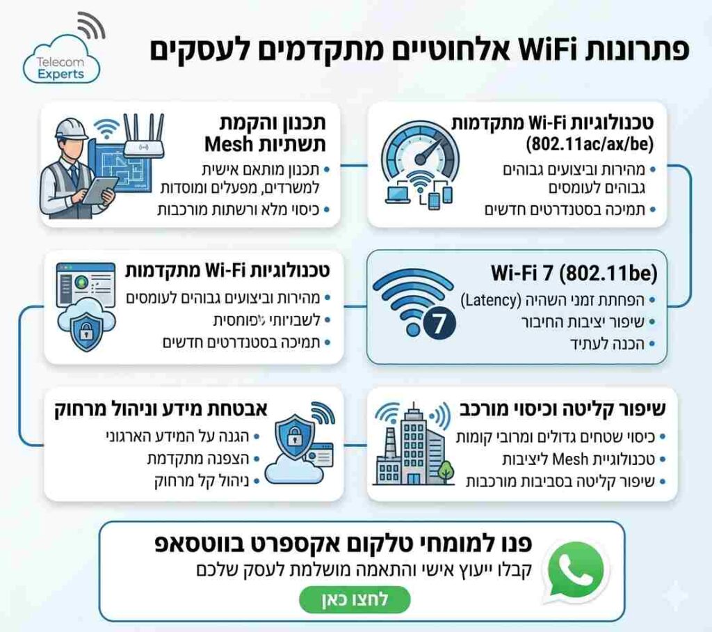 אינפוגרפיקה המתארת פתרונות תקשורת WIFI מתקדמים - טלקום אקספרט