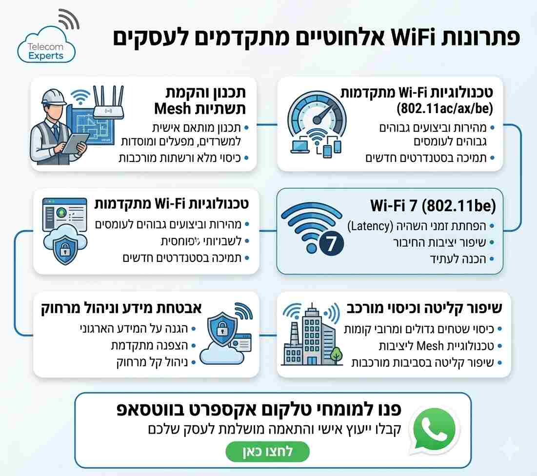 אינפוגרפיקה המתארת פתרונות תקשורת WIFI מתקדמים - טלקום אקספרט