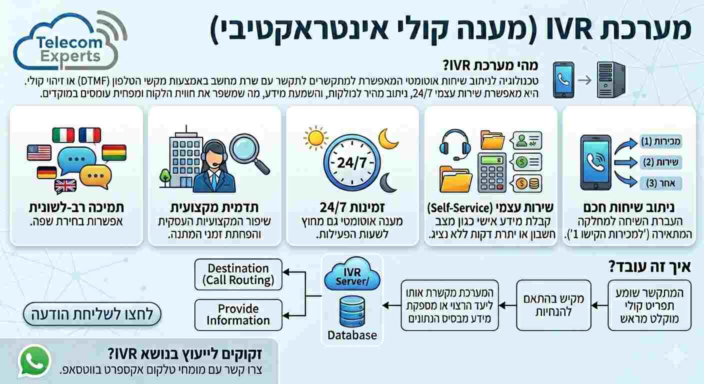 אינפוגרפיקה המתארת מערכת ניתוב שיחות IVR לעסקים - טלקום אקספרט