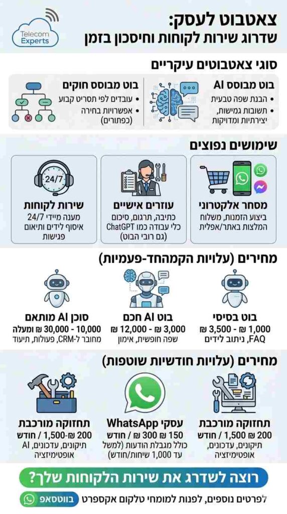 אינפוגרפיקה המתארת יתרונות ועלויות הקמת צאטבוט לעסקים