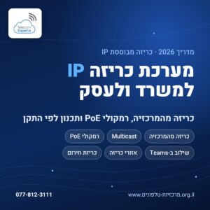 מערכת כריזה IP למשרד ולעסק: כריזה מהמרכזיה, Multicast, רמקולי PoE, שילוב ב-Teams, אזורי כריזה וכריזת חירום