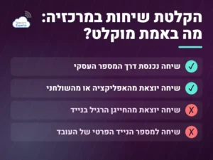 הקלטת שיחות במרכזיה: שיחה נכנסת דרך המספר העסקי ושיחה יוצאת מהאפליקציה מוקלטות, ושיחה מהחייגן הרגיל בנייד או למספר הנייד הפרטי לא מוקלטת