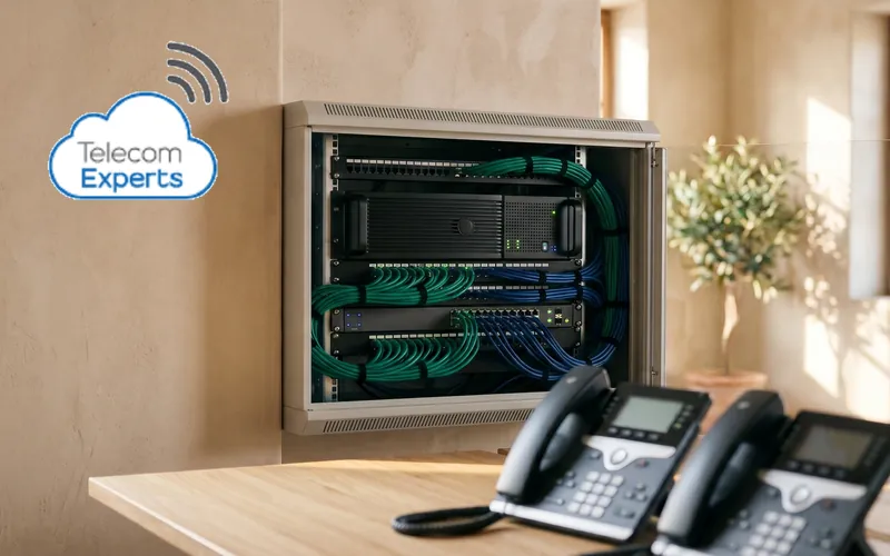 ארון תקשורת עם שרת מרכזיית IP ומתג רשת, ושני טלפונים שולחניים
